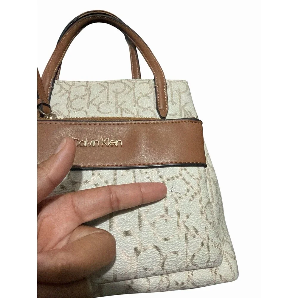 Calvin‎ Klein Signature Monogram Satchel Crossbody Beige Brown Zip Bag